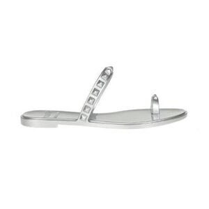 Studded Metallic Silver Toe-Ring Slide Sandal - Women